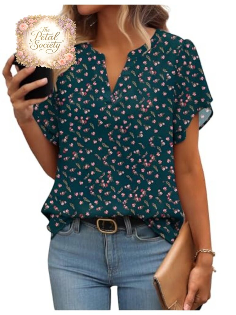 Chiffon V Neck Short Petal Sleeve Work Blouse Dressy Casual Office Top